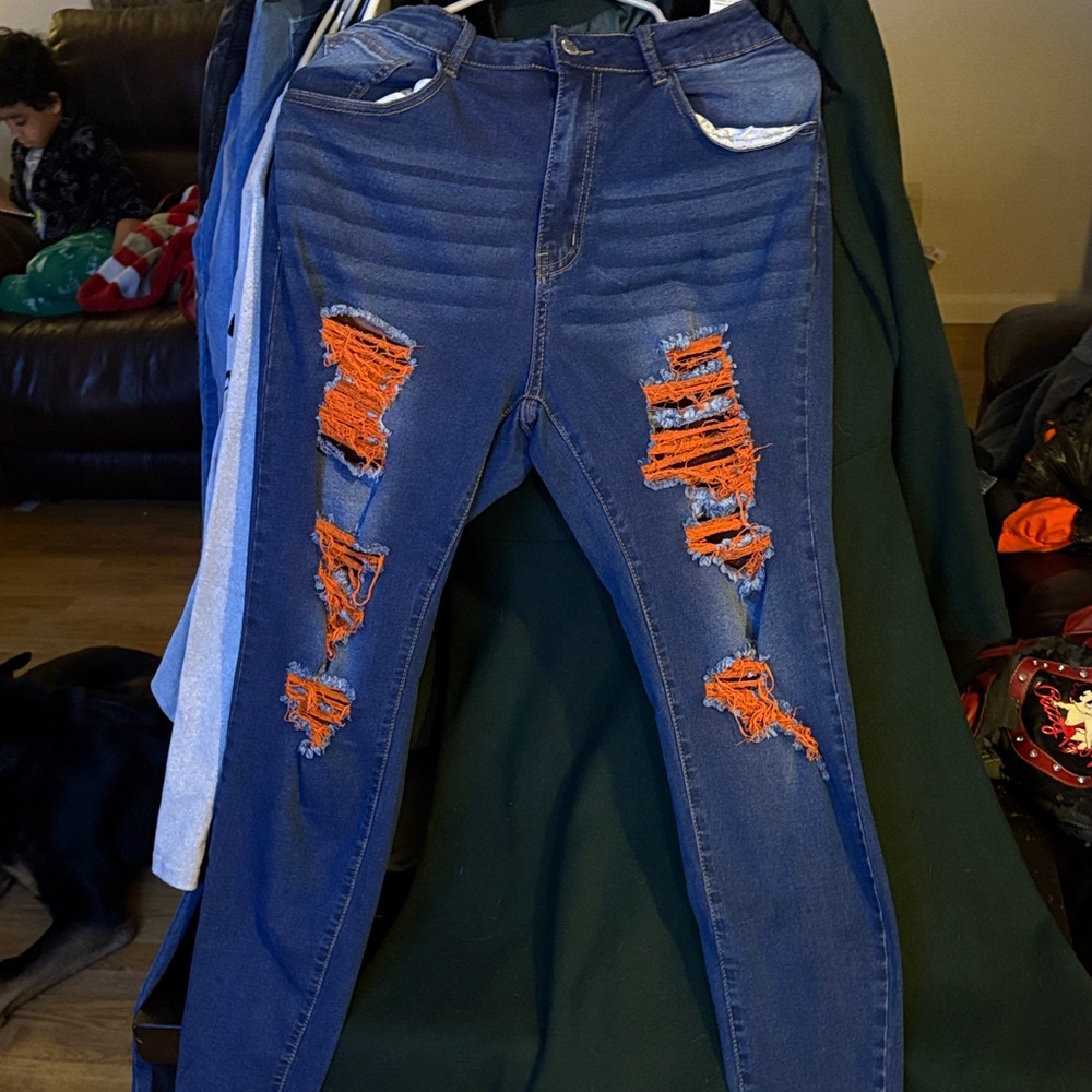 SHEIN Distressed Blue Jeans with Orange Accents